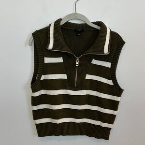 Talbots Olive & White Stripe Knit 1/2 Zip Sweater Vest Size Petite Medium